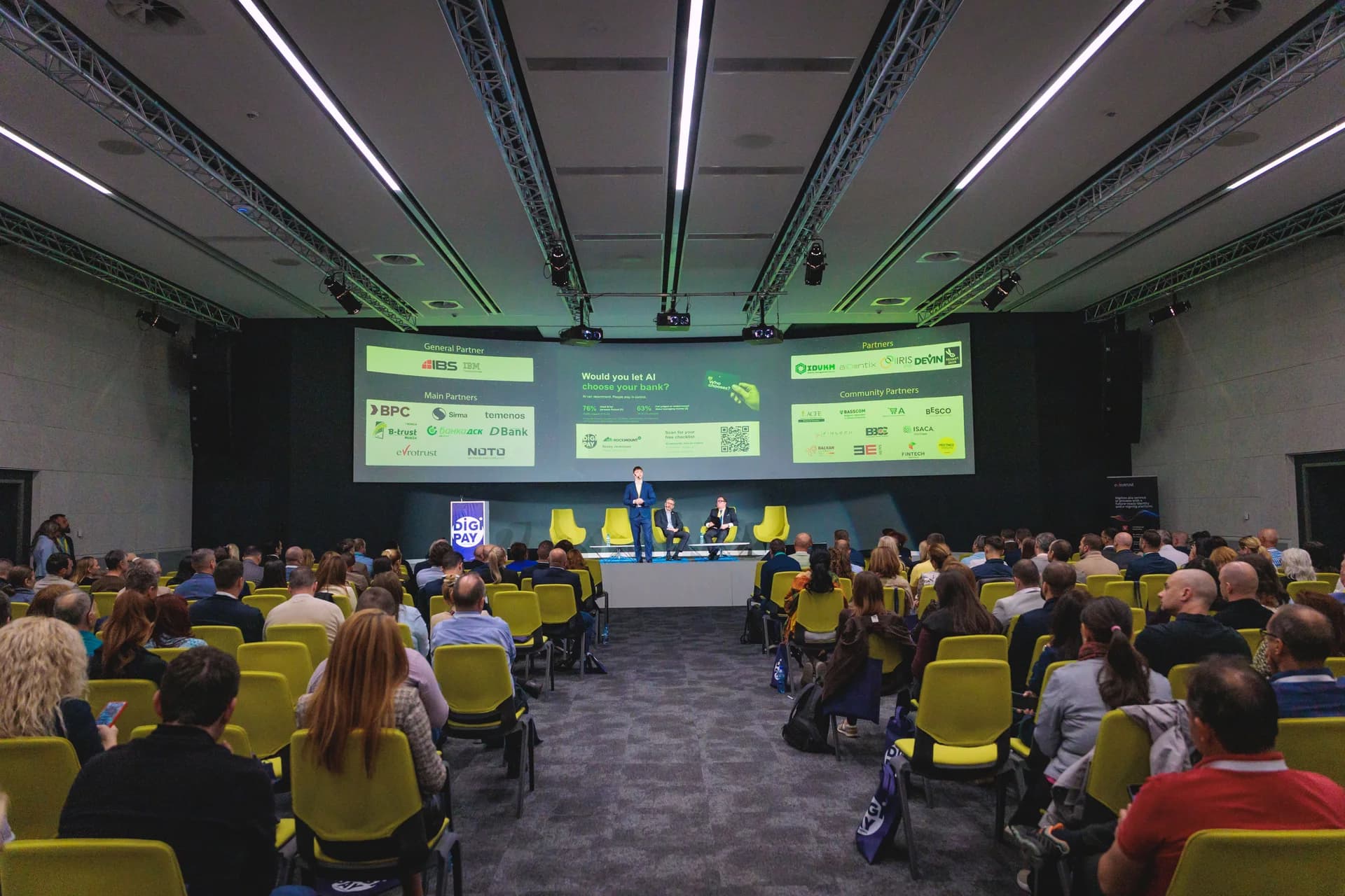 The audience and conference stage during Rocky’s DIGI PAY presentation in Sofia