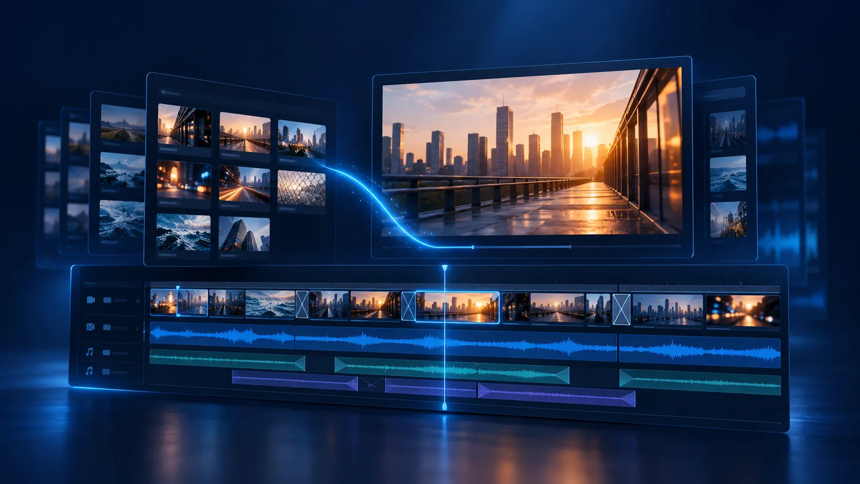 Concept artwork of a video editing timeline and cinematic preview